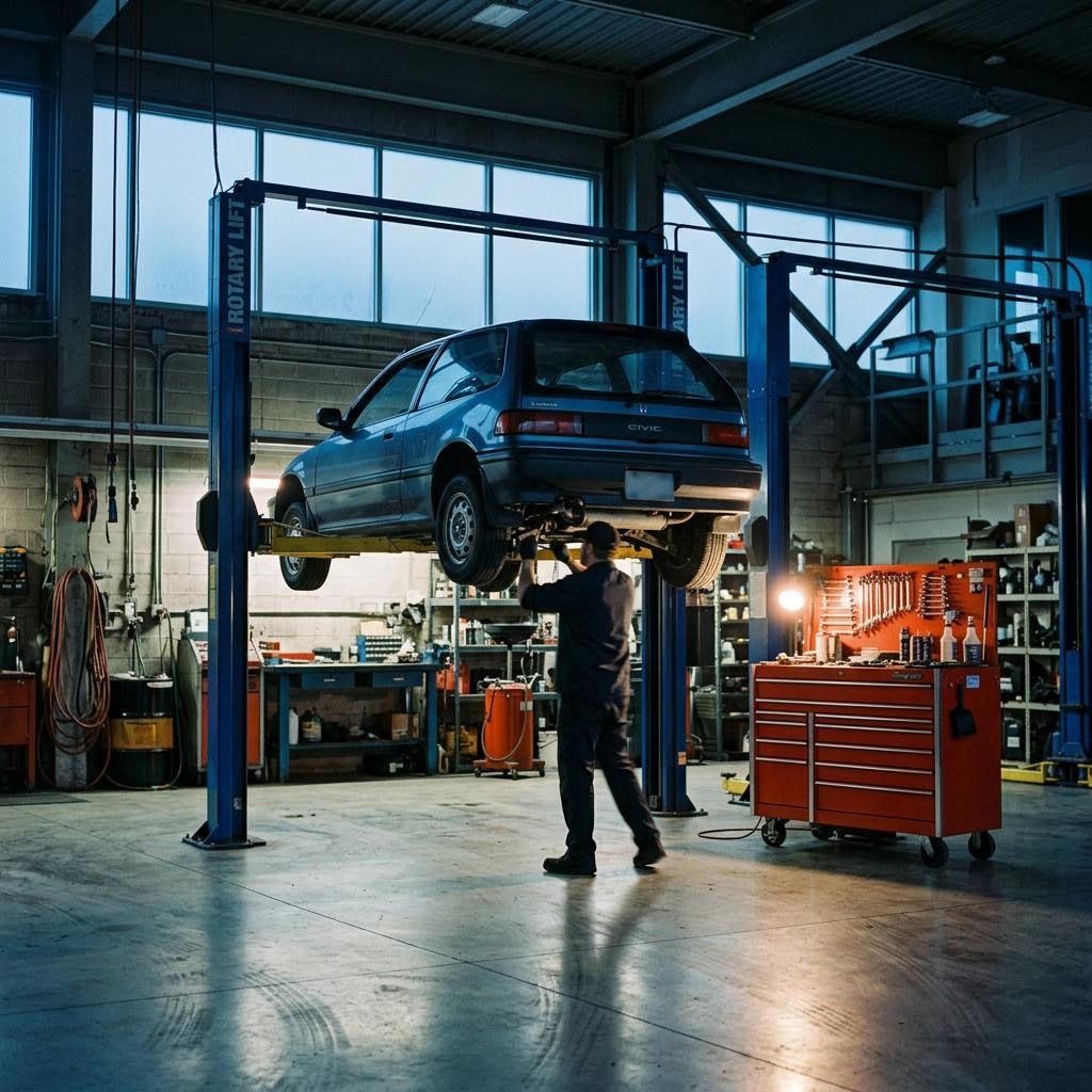 Automotive service bay with a vehicle on a lift